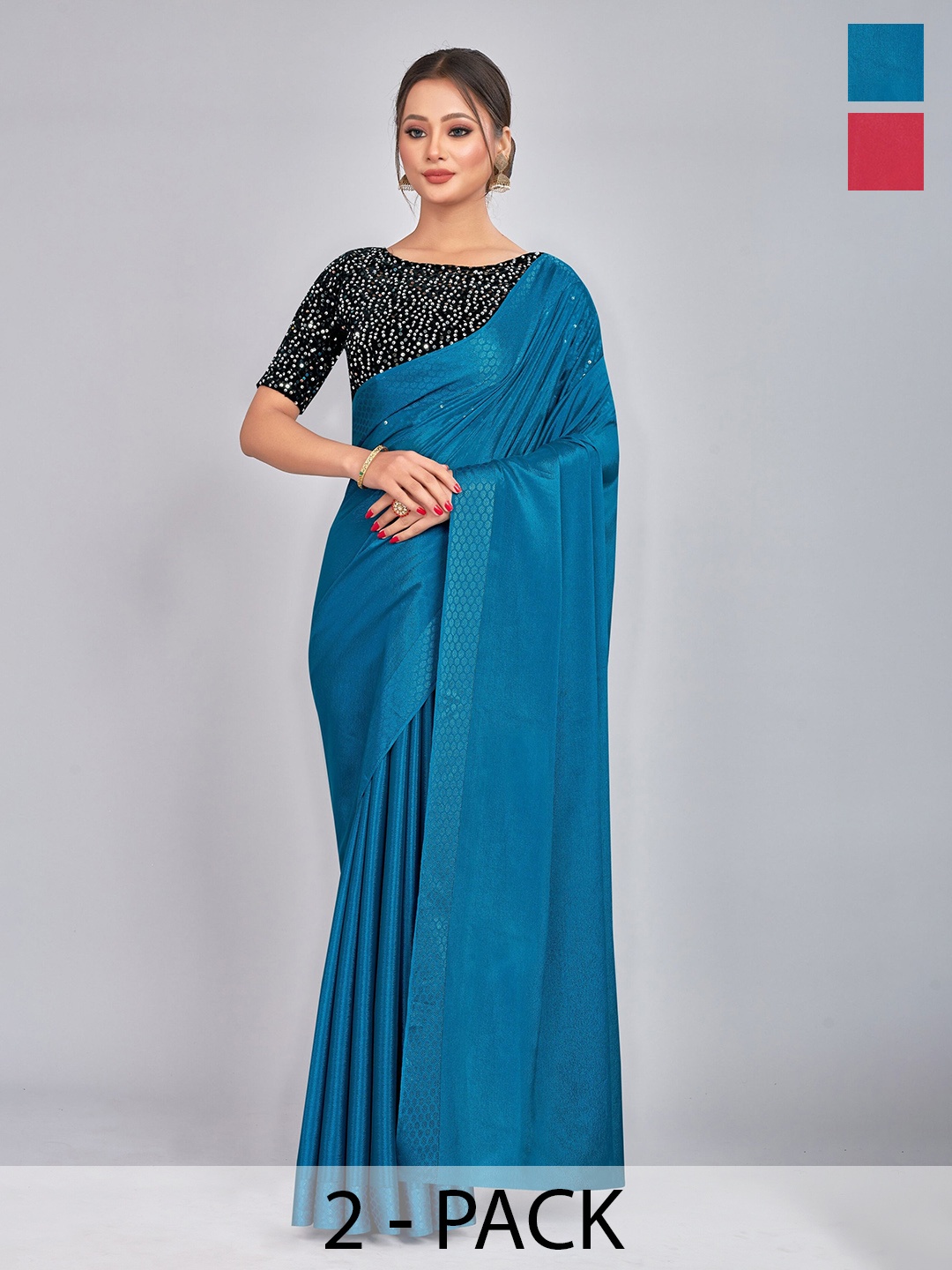 

CastilloFab Selection of 2 Pure Georgette Sarees, Teal