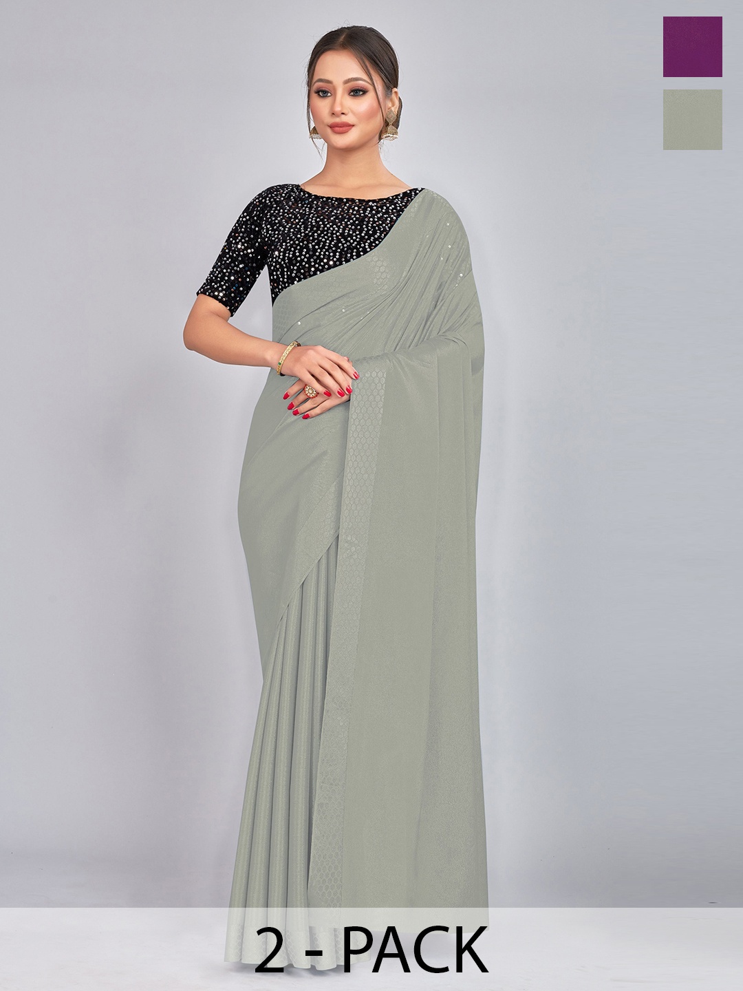 

CastilloFab Selection Of 2 Sequinned Jute Silk Saree, Grey
