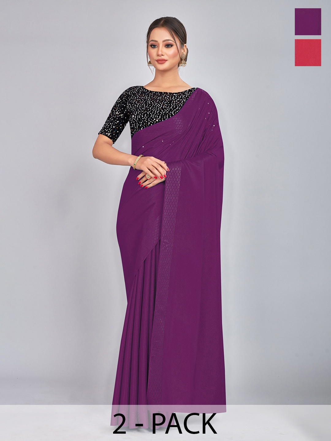 

CastilloFab Selection of 2 Embellished Sequinned Saree, Burgundy