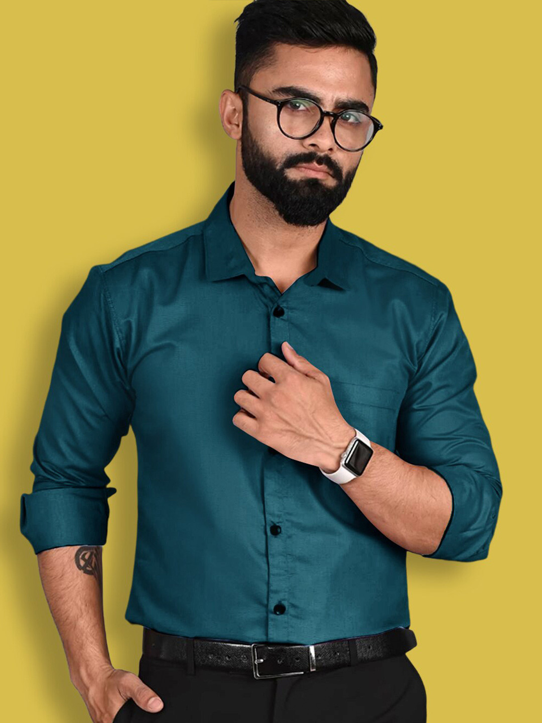 

1 Stop Fashion Standard Slim Fit Spread Collar Long Sleeves Cotton Formal Shirt, Green