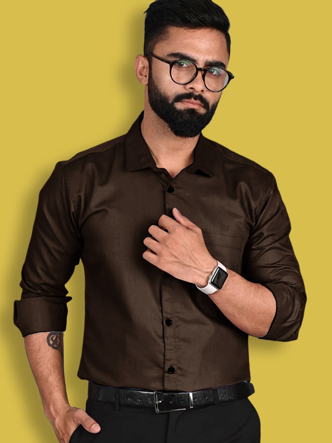 

1 Stop Fashion Standard Slim Fit Spread Collar Pure Cotton Formal Shirt, Brown