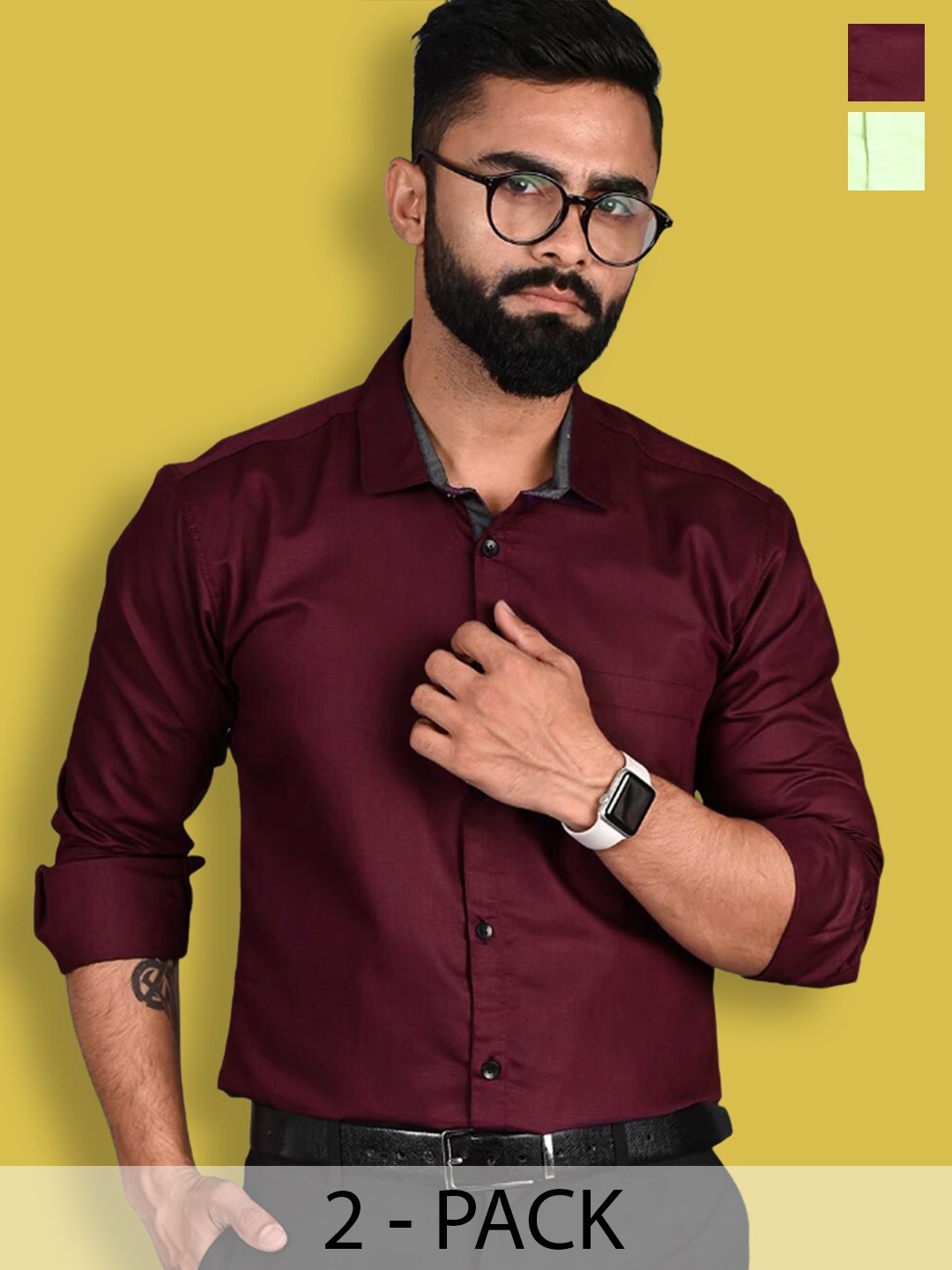 

1 Stop Fashion Pack Of 2 Standard Slim Fit Spread Collar Long Sleeves Cotton Formal Shirt, Maroon