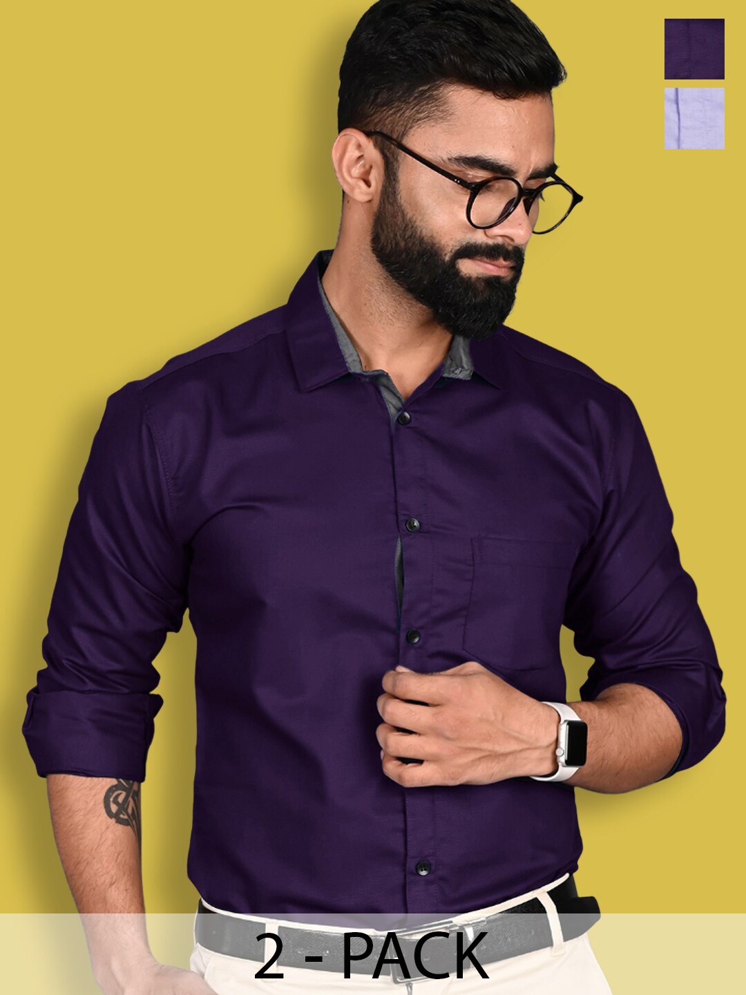 

1 Stop Fashion Pack Of 2 Standard Slim Fit Spread Collar Long Sleeves Cotton Formal Shirt, Lavender