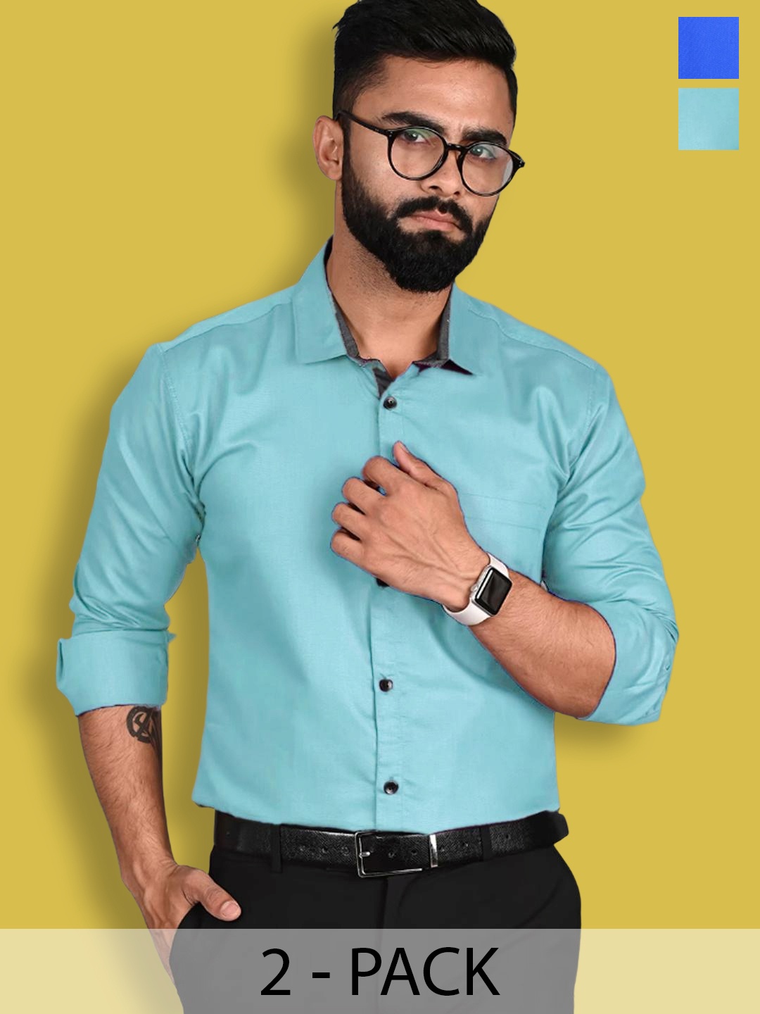 

1 Stop Fashion Selection of 2 Spread Collar Cotton Standard Opaque Formal Shirt, Blue