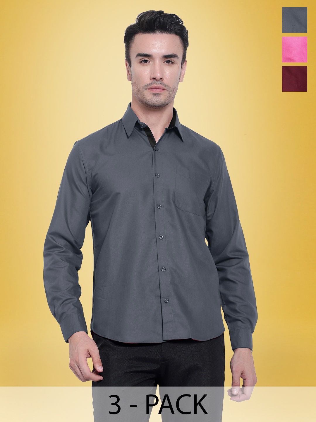 

1 Stop Fashion Standard Pack Of 3 Cotton Spread Collar Opaque Casual Shirt, Grey