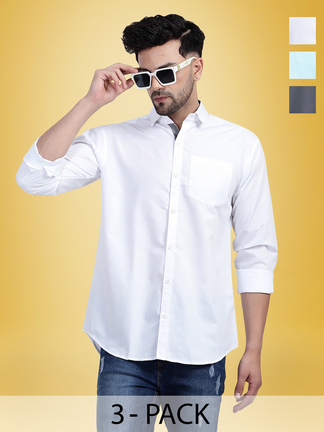 

1 Stop Fashion Standard Pack Of 3 Cotton Spread Collar Opaque Casual Shirt, White