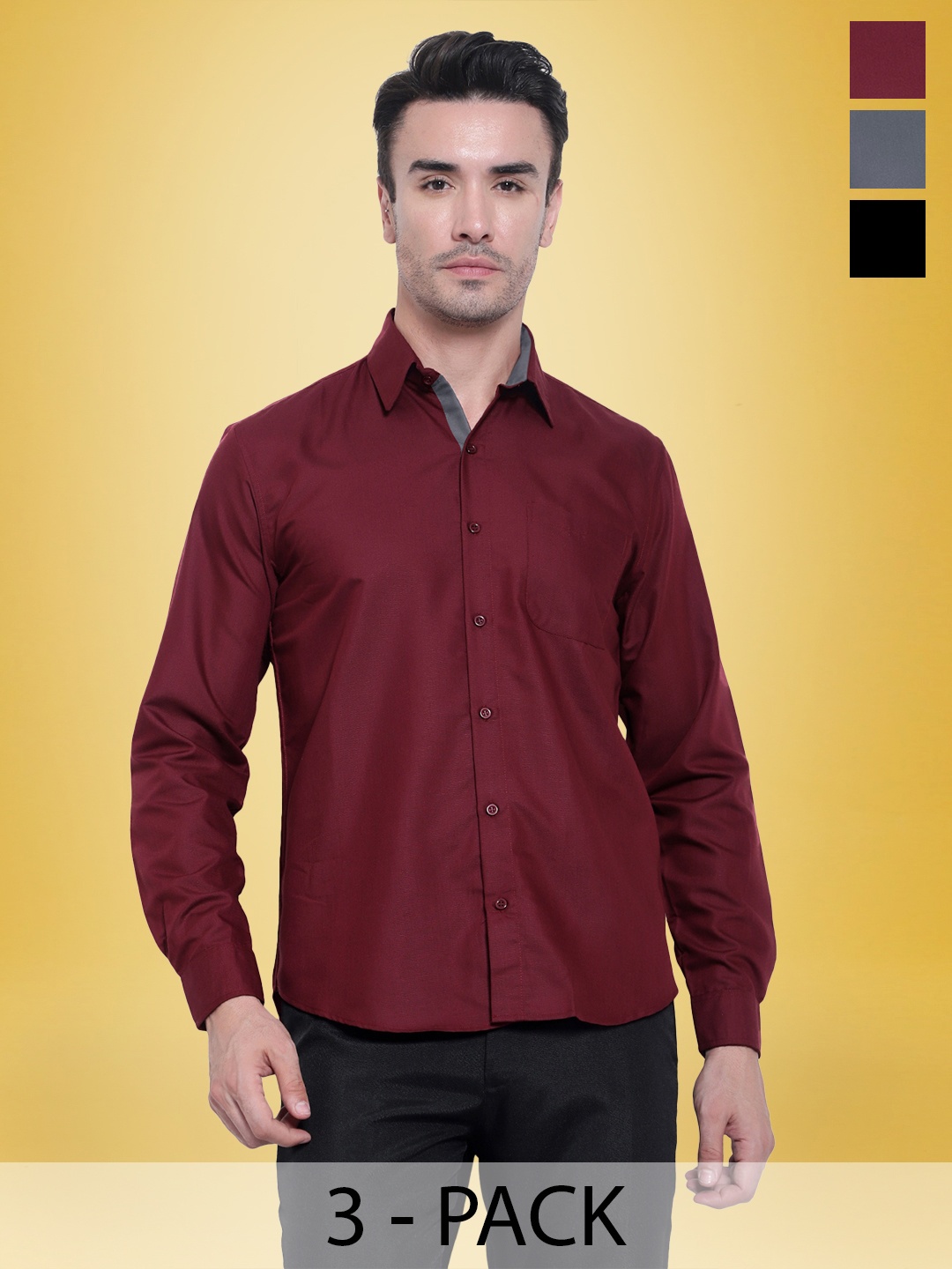 

1 Stop Fashion Pack Of 3 Standard Fit Long Sleeve Casual Shirt, Maroon