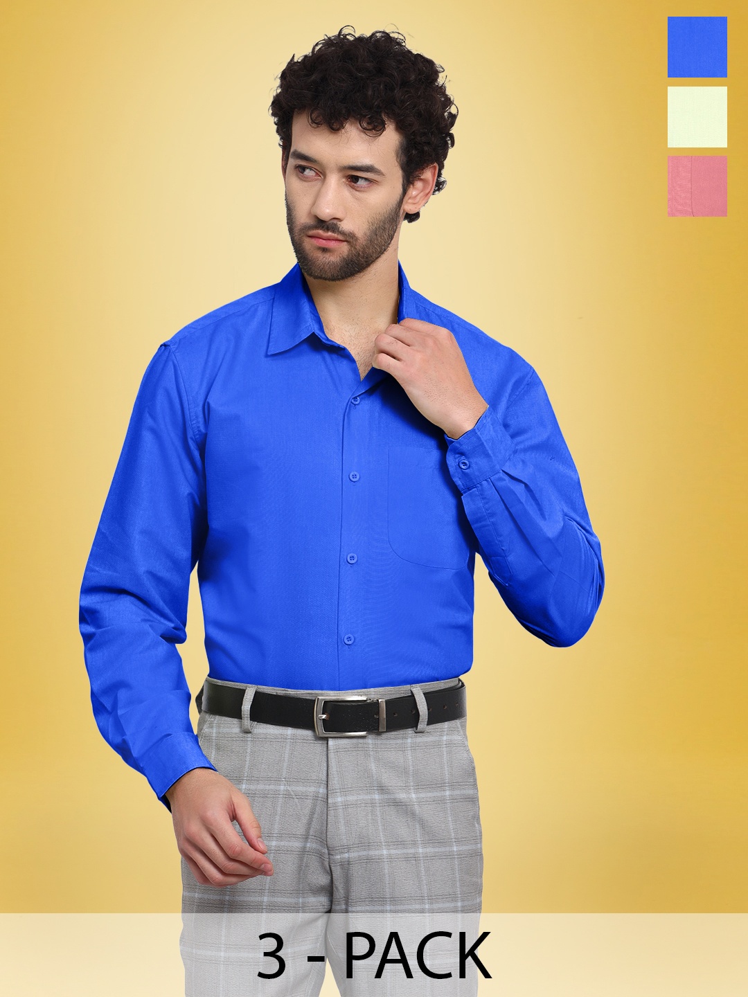 

1 Stop Fashion Pack Of 3 Standard Slim Fit Opaque Pure Cotton Casual Shirts, Blue