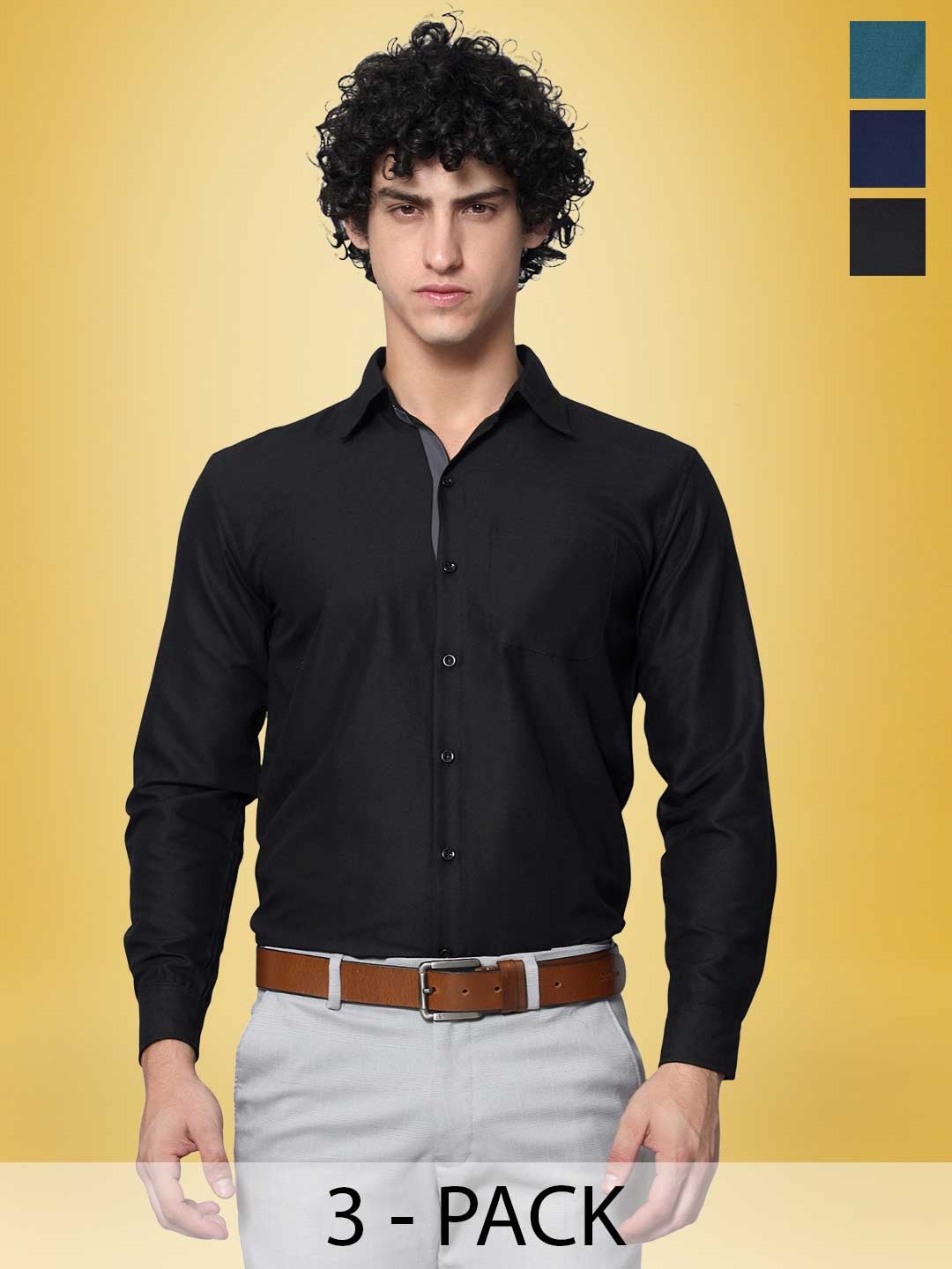 

1 Stop Fashion 3 Pcs Standard Opaque Pure Cotton Casual Shirt, Black