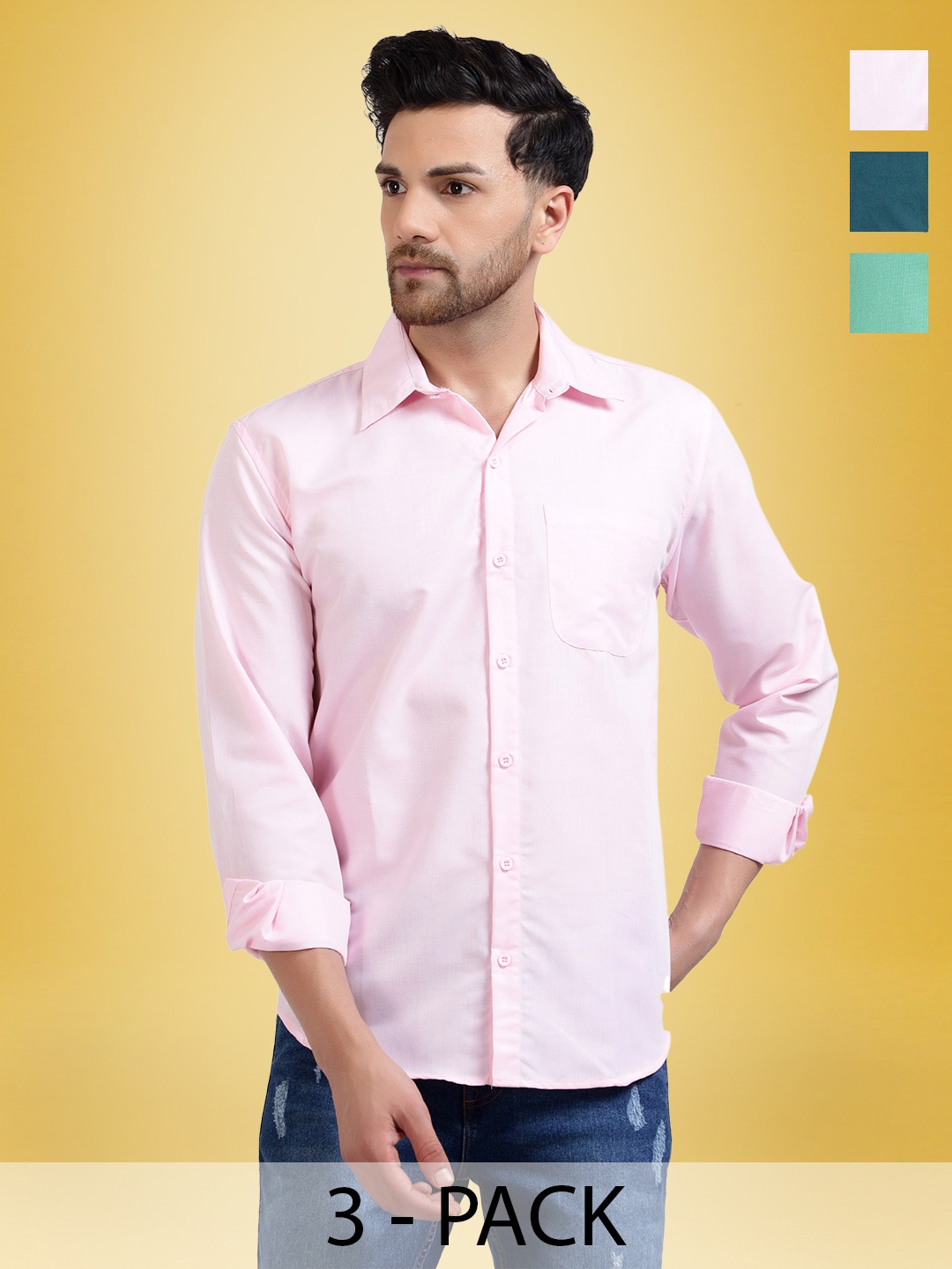 

1 Stop Fashion Selection of 3 Standard Spread Collar Chest Pocket Cotton Casual Shirt, Multi