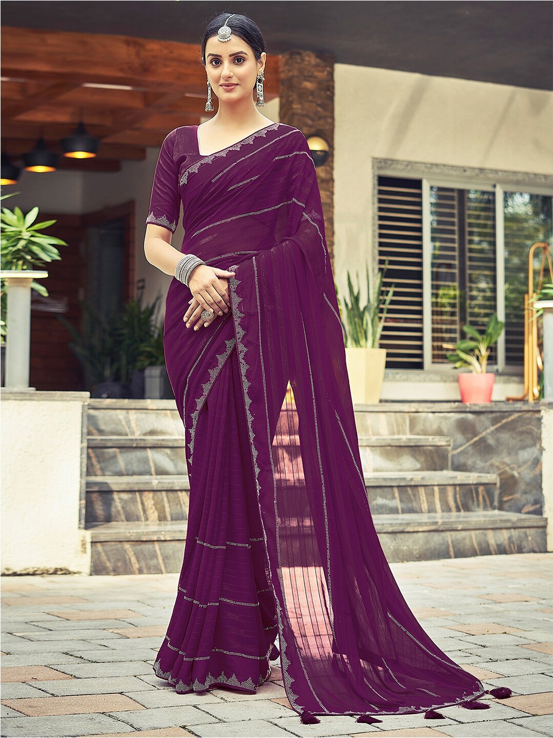 

Satrani Purple Striped Georgette Dyed & Stone Work Border Saree