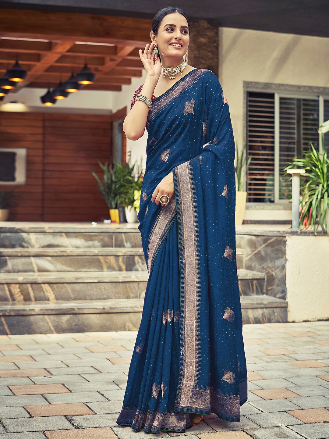 

Satrani Blue & Gold-Toned Floral Embellished Beads and Stones Saree