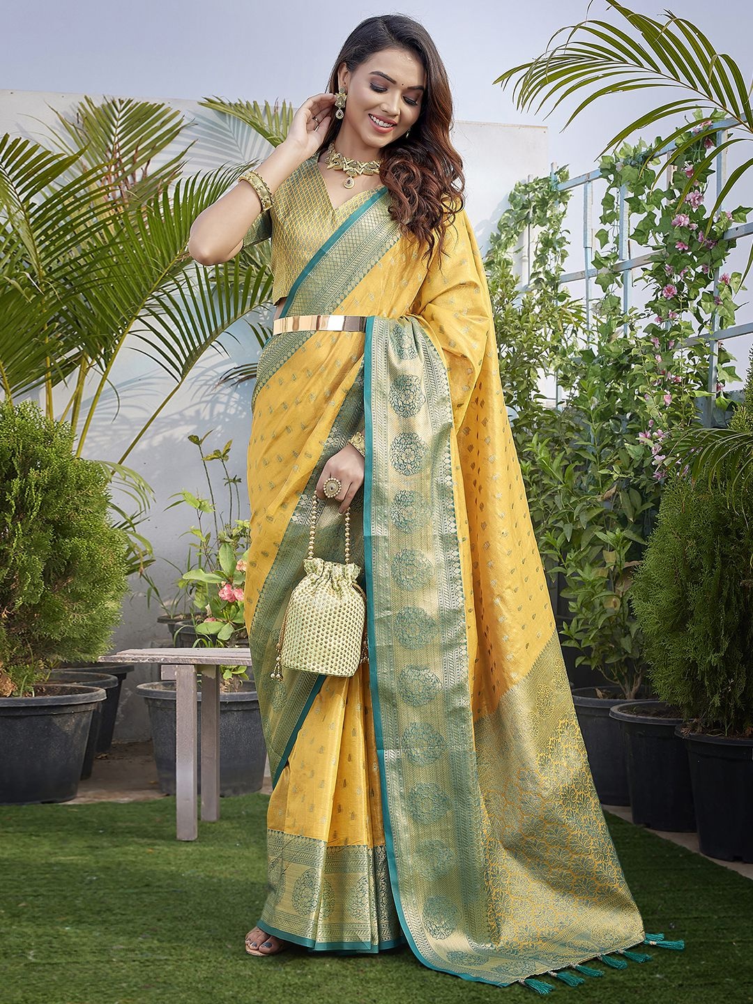 

Satrani Woven Design Zari Organza Saree, Yellow