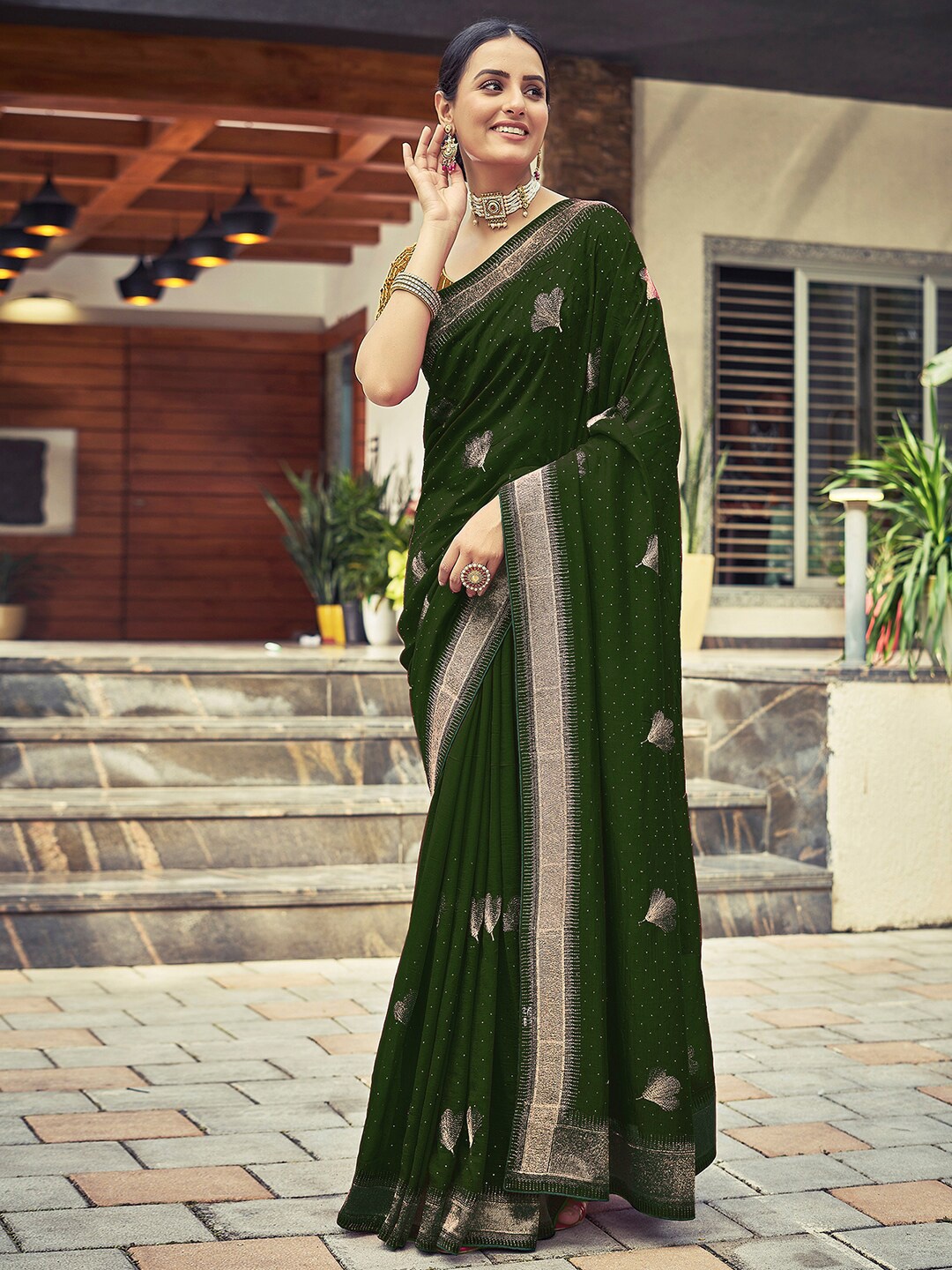 

Satrani Floral Embroidered Beads and Stones Saree, Green