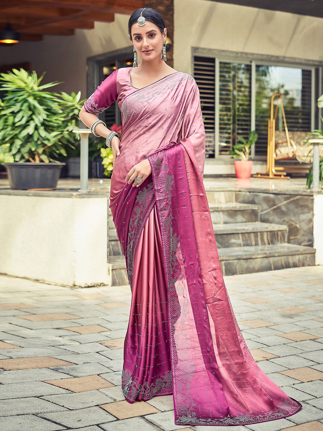 

Satrani Ethnic Embellished Beads and Stones Saree, Pink