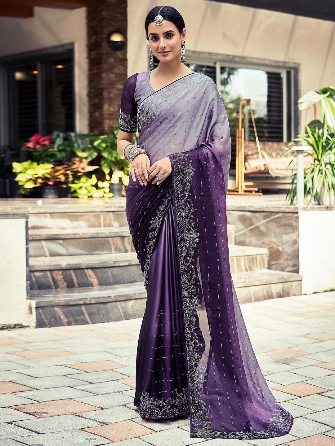 

Satrani Purple & Grey Floral Embellished Beads and Stones Saree