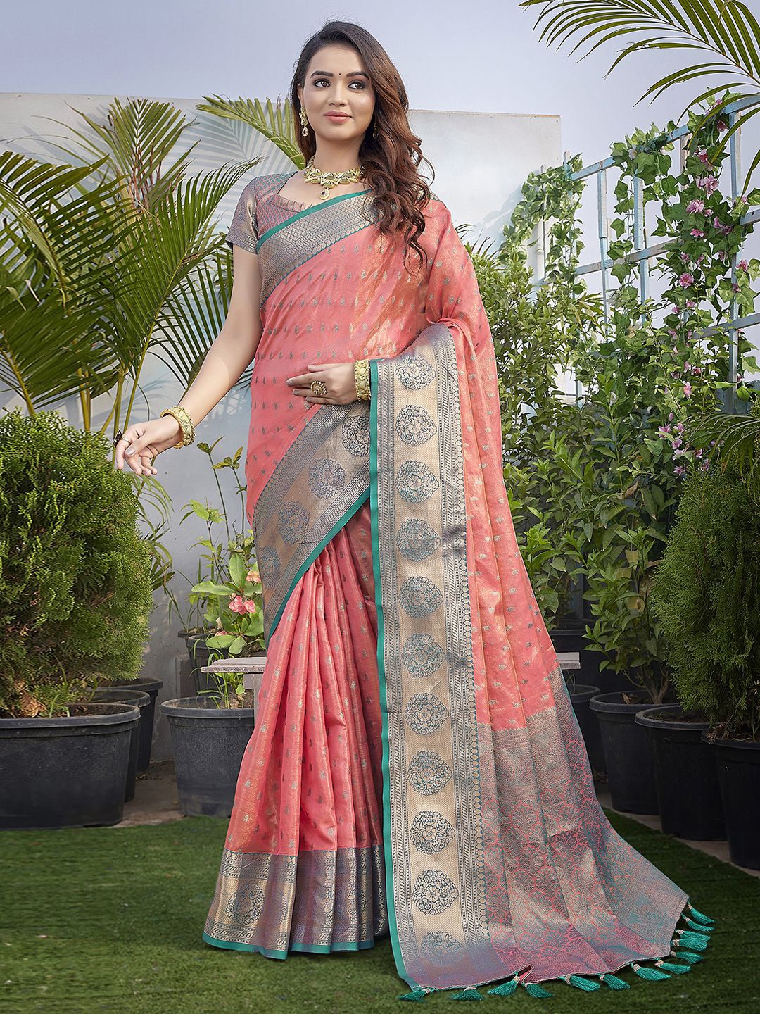 

Satrani Woven Design Zari Organza Tasseled Saree, Pink