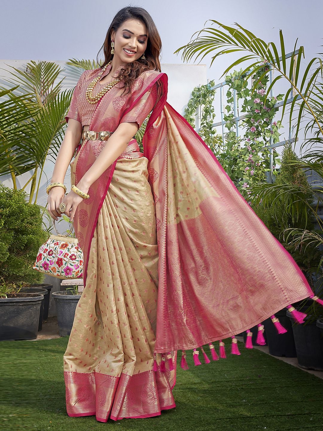 

Satrani Woven Design Zari Organza Tassels Saree, Beige