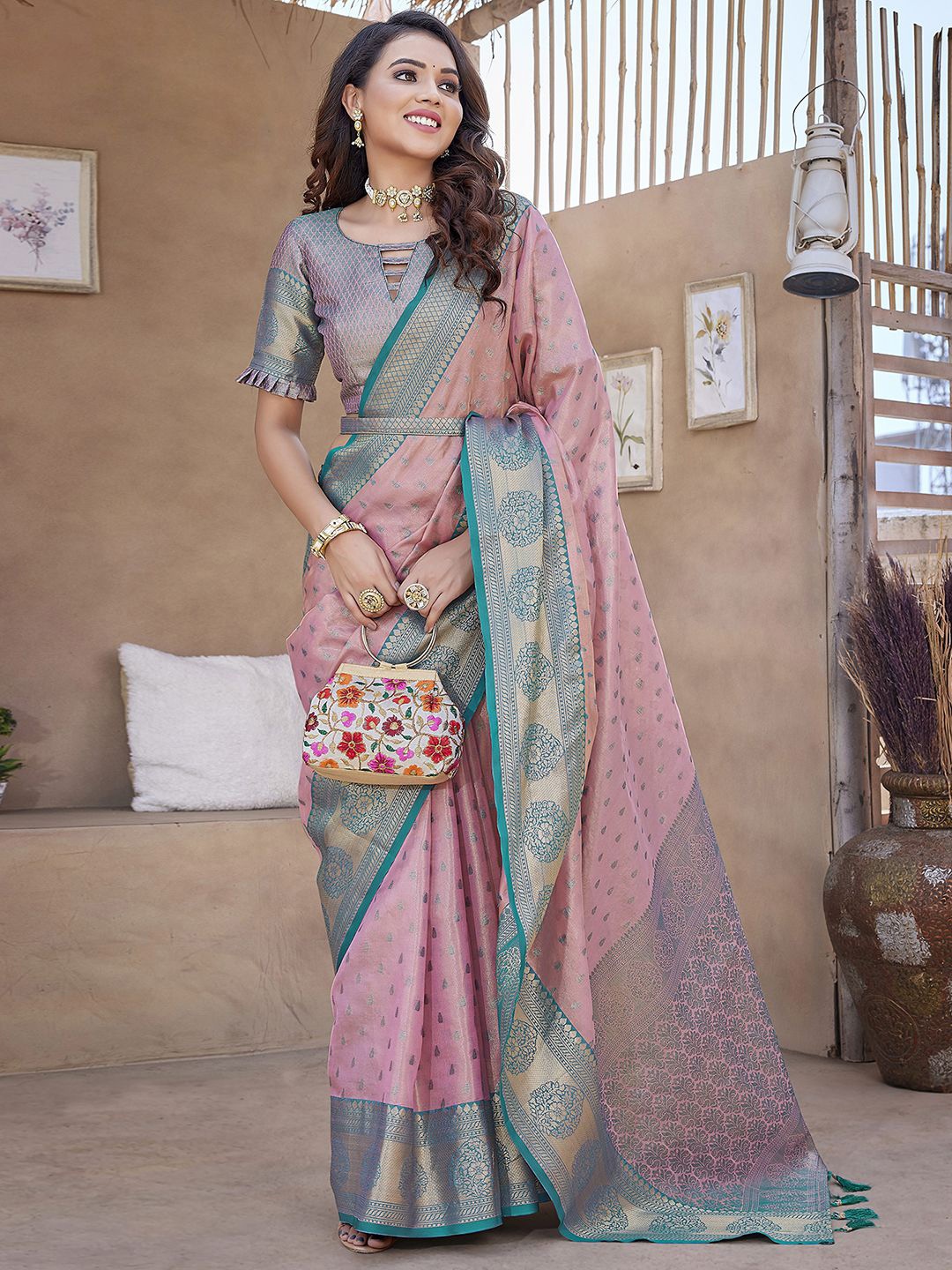 

Satrani Pink & Blue Ethnic Motifs Woven Design Zari Organza Saree