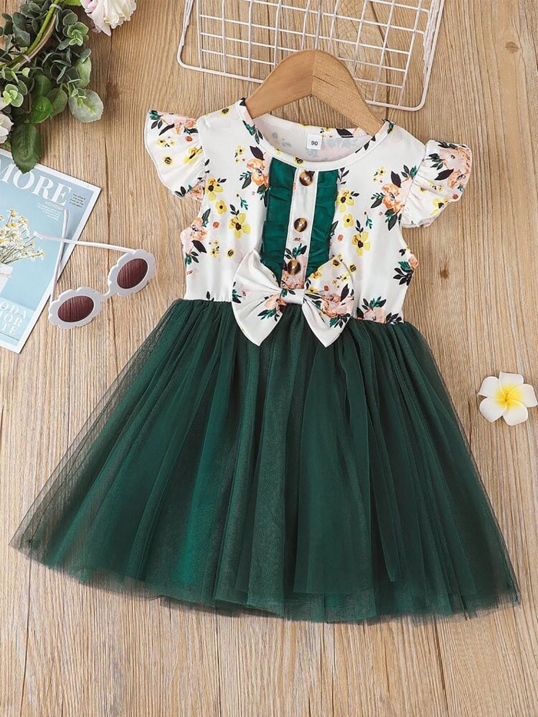 

BAESD Kids-Girls Floral Printed Flutter Sleeves Fit & Flare Dress, Green