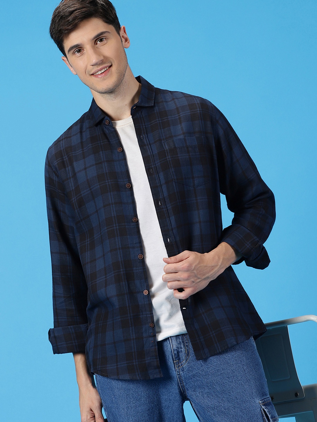 

Mast & Harbour Checked Spread Collar Cotton Linen Casual Shirt, Navy blue