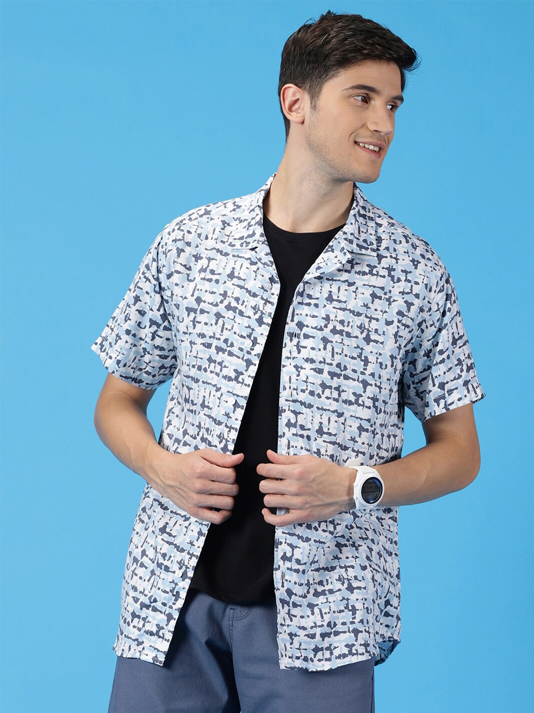 

Mast & Harbour Classic Slim Fit Abstract Printed Cuban Collar Casual Shirt, Blue