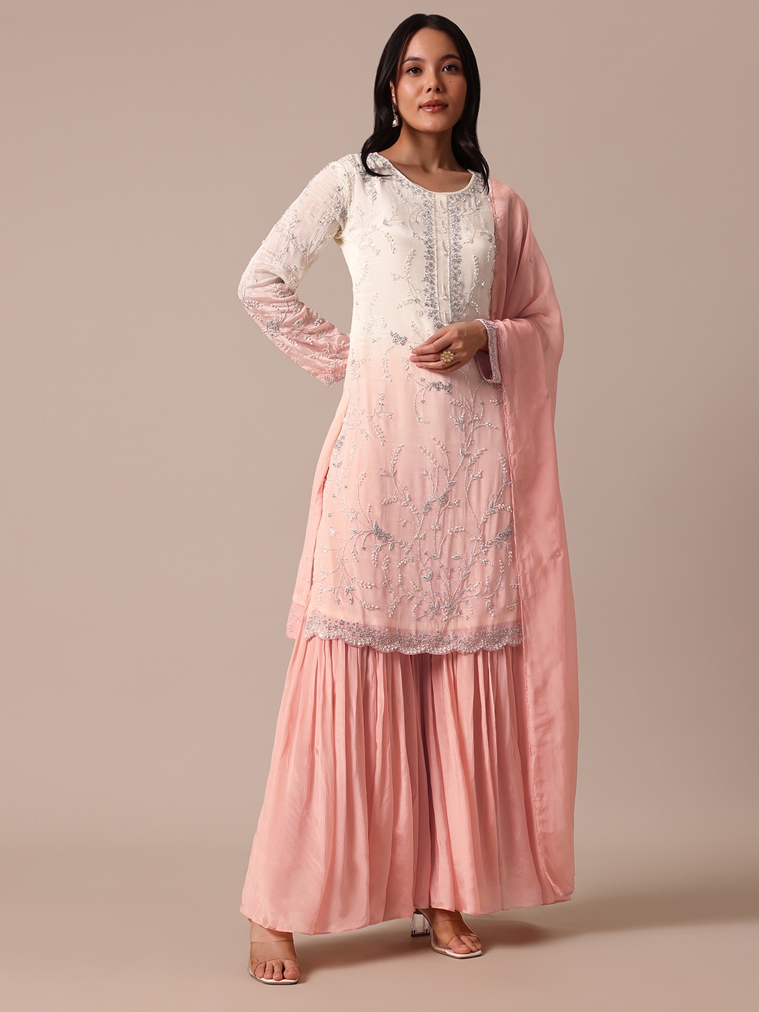 

KALKI Fashion Floral Embroidered Round Neck Long Sleeves Kurta with Sharara & With Dupatta, Peach