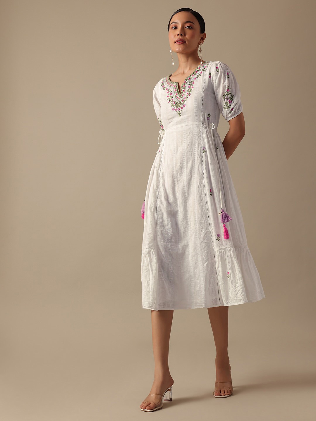 

KALKI Fashion Floral Embroidered Puff Sleeve A-Line Cotton Midi Dress, White