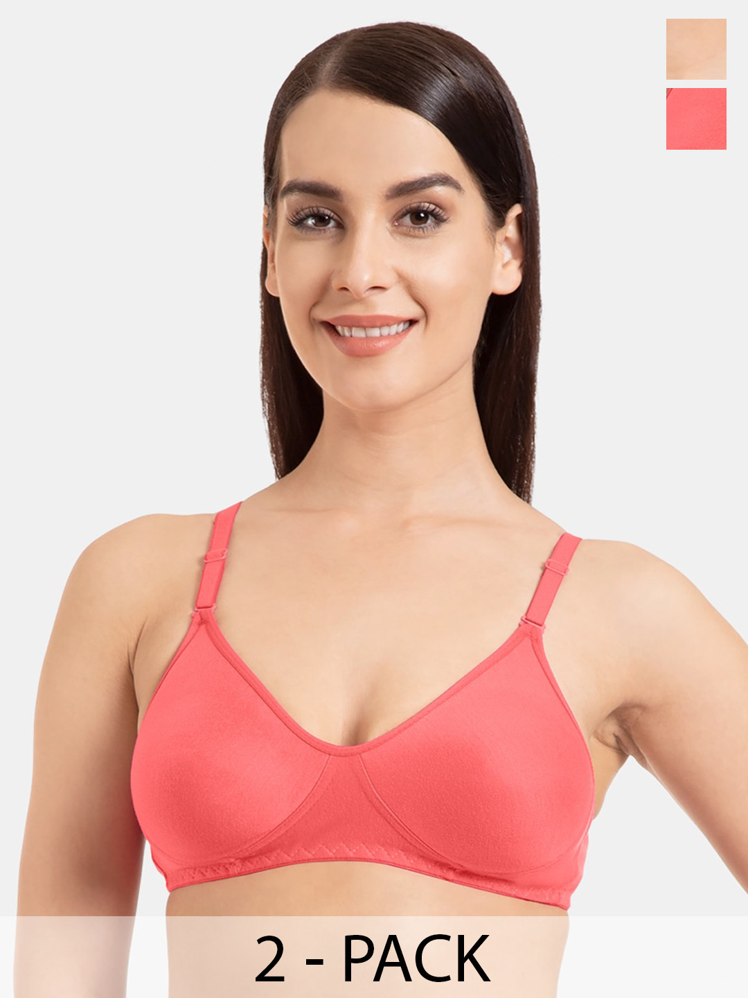

KOMLI Pack Of 2 Full Coverage Non-Padded Seamless Cotton T-shirt Bra With All Day Comfort, Coral