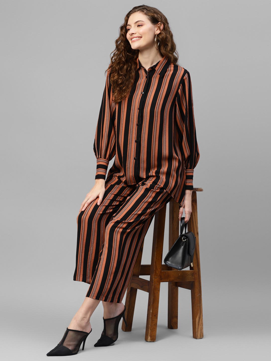 

DEEBACO Striped Shirt With Palazzos Co-Ords, Brown