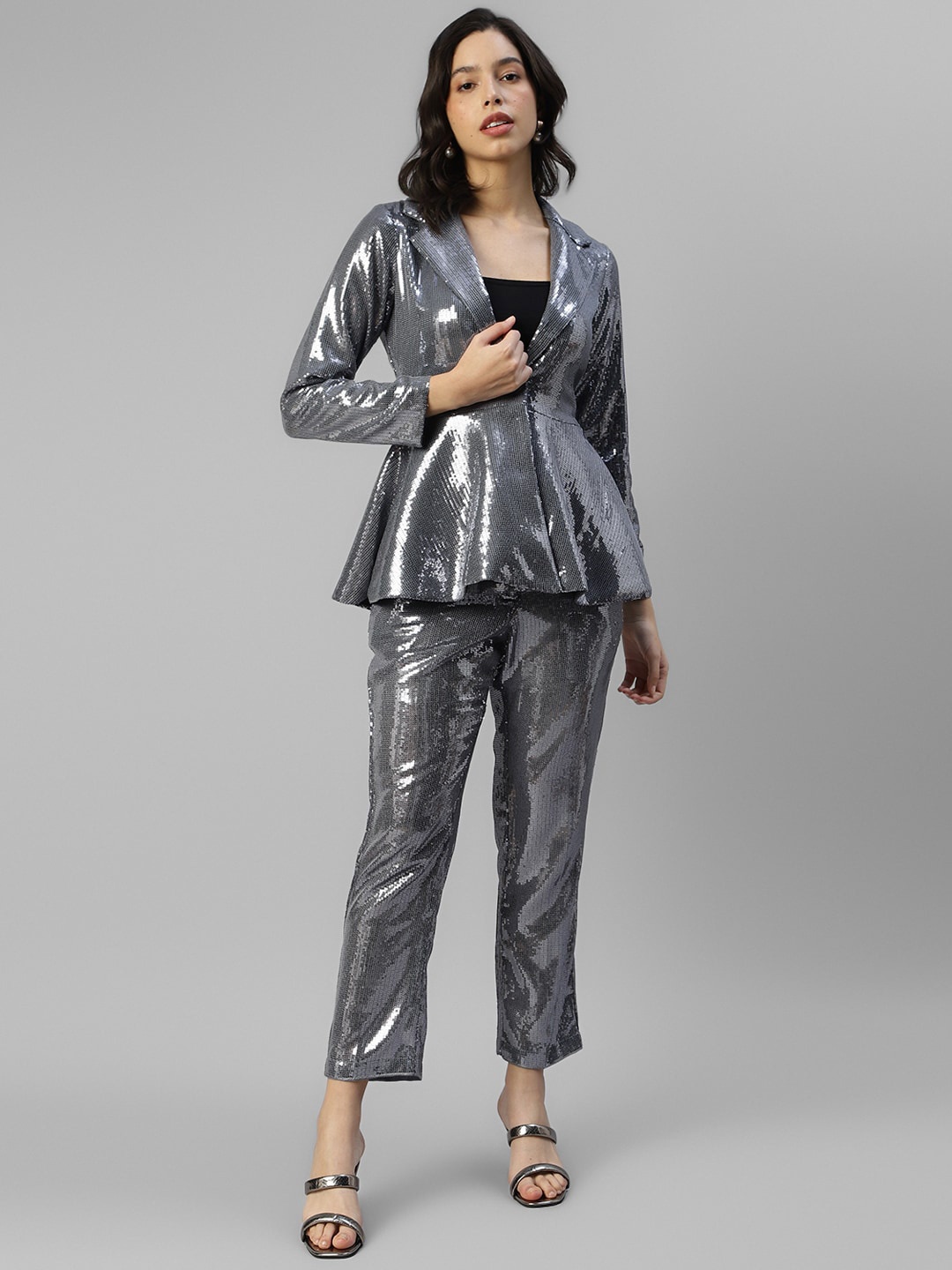 

DEEBACO Embellished Sequined Blazer With Trousers Co-Ords, Grey