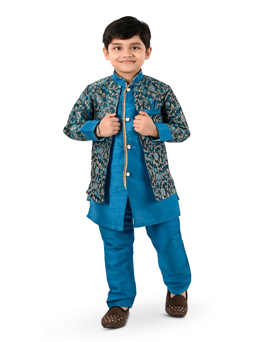 

BAESD Boys Floral Printed Raw Silk Sherwani & Trouser, Turquoise blue