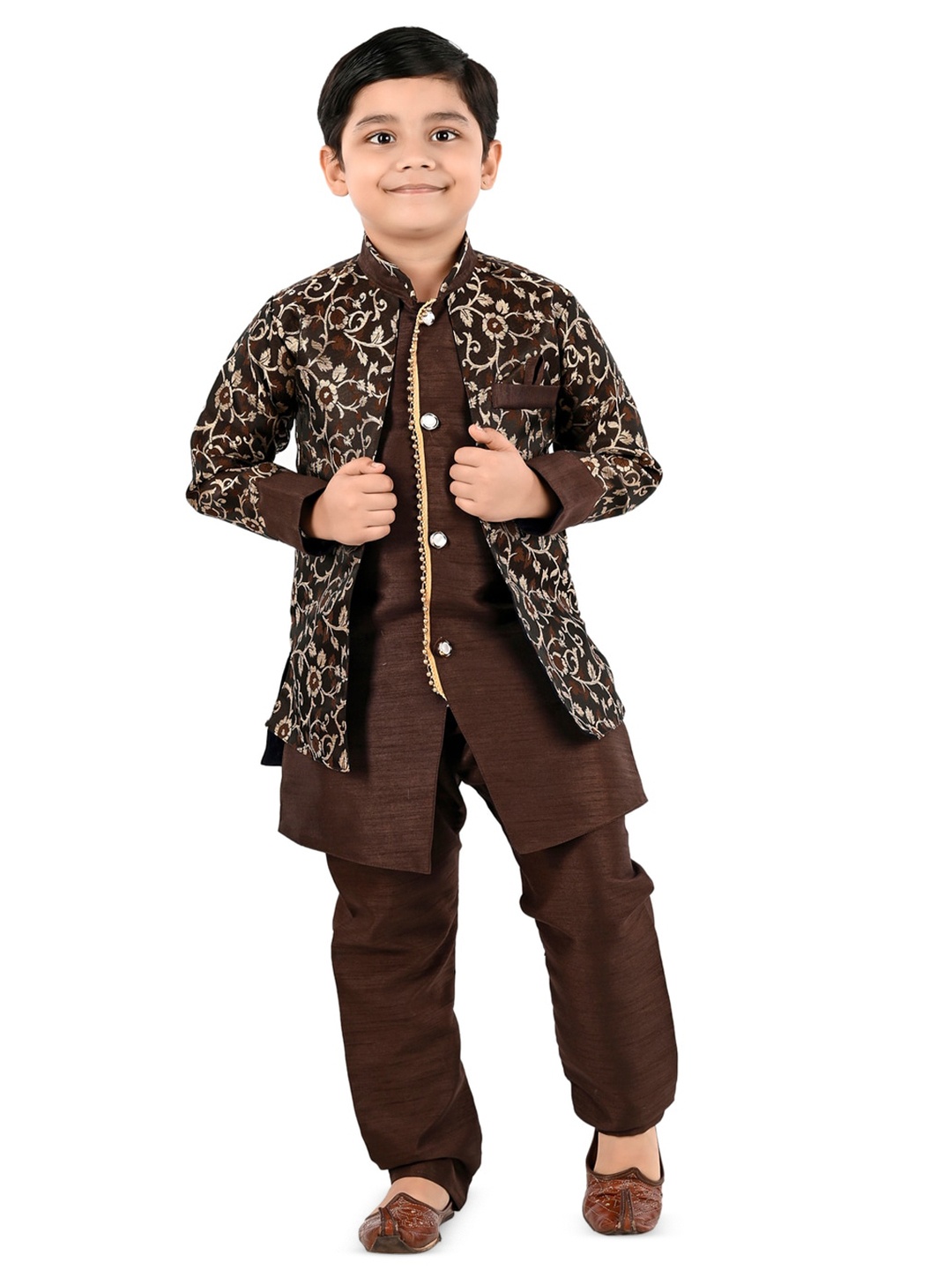 

BAESD Boys Mandarin Collar Floral Woven Design Sherwani With Kurta & Pyjamas, Coffee brown