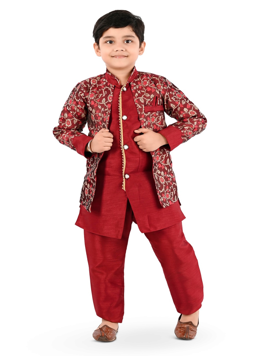 

BAESD Boys Floral Printed Pure Silk Sherwani & Trouser, Maroon