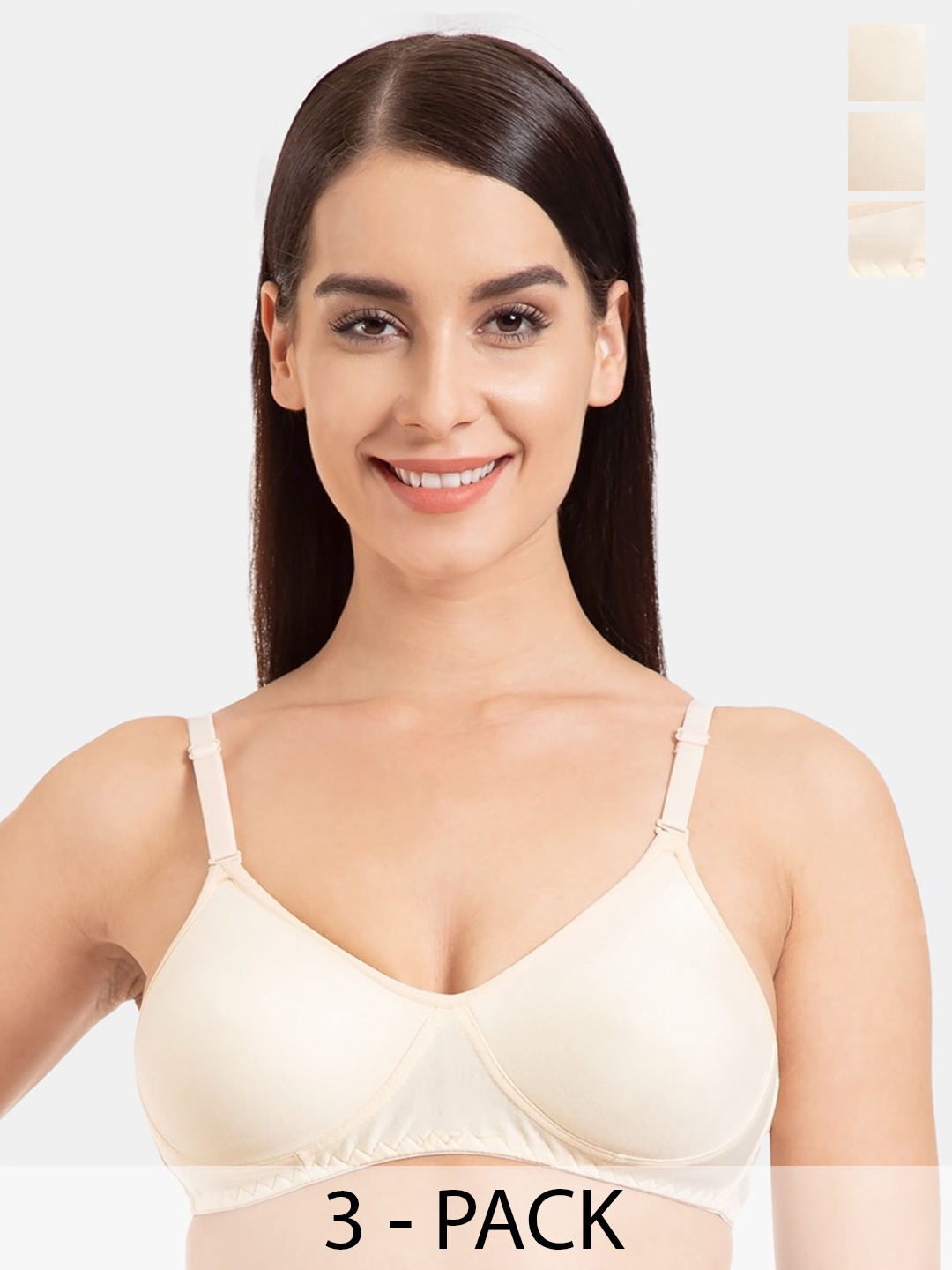 

KOMLI Pack of 3 Seamless Cotton T-Shirt Bra - Full Coverage, Beige