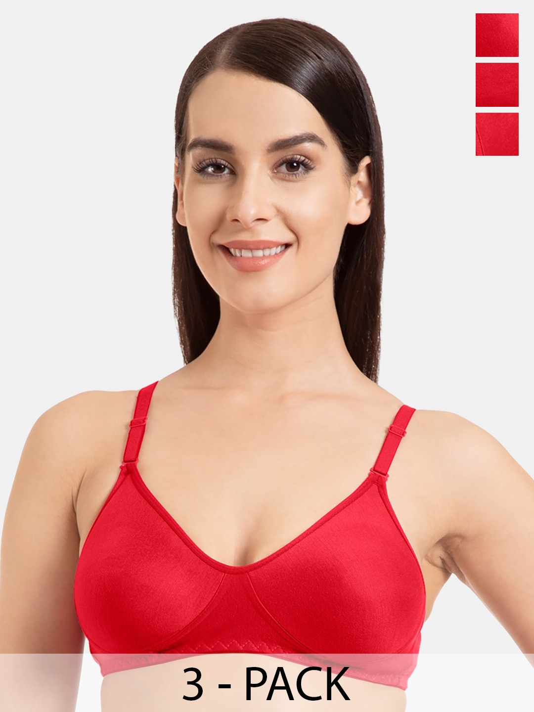 

KOMLI Pack of 3 Seamless Cotton T-Shirt Bra - Full Coverage, Red