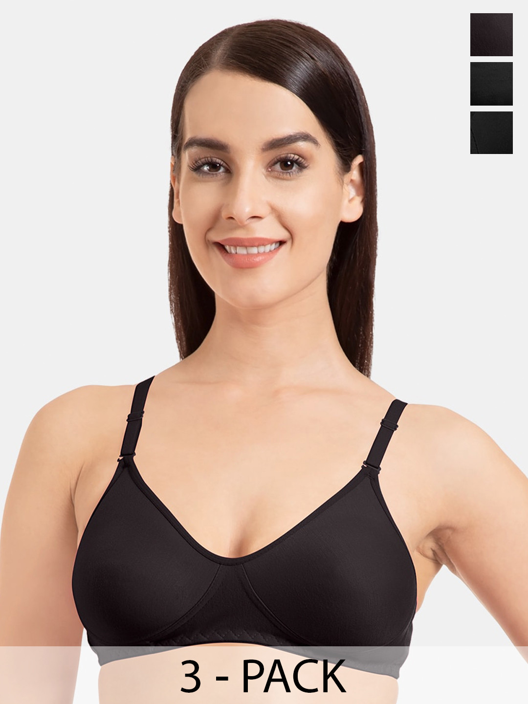 

KOMLI Pack of 3 Seamless Cotton T-Shirt Bra - Full Coverage, Black