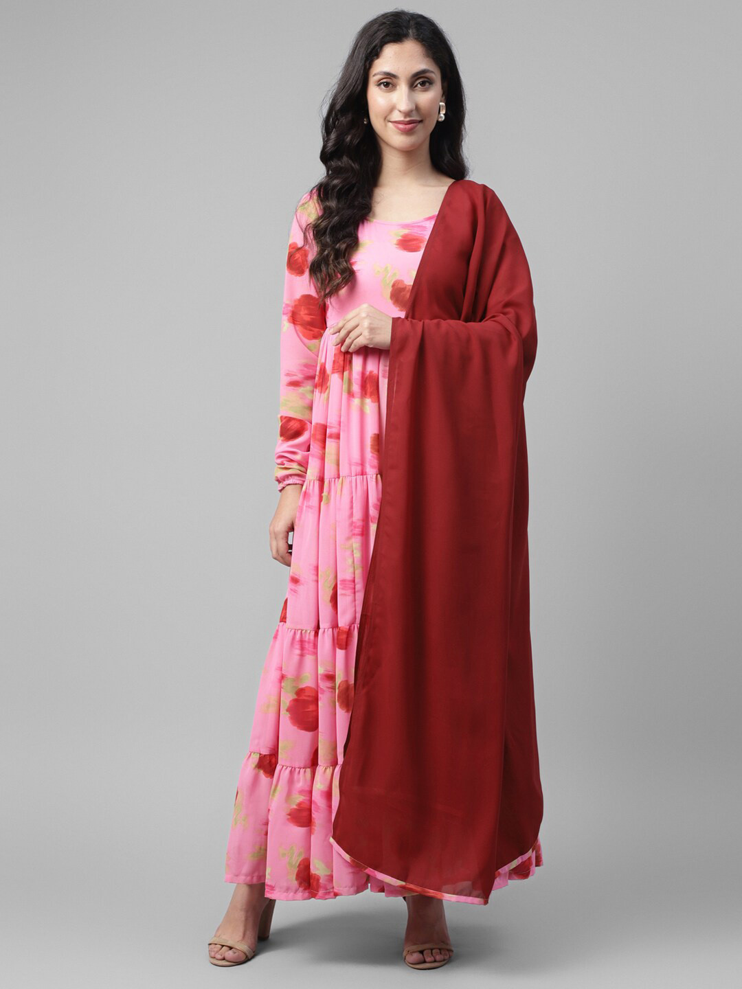 

DEEBACO Abstract Printed Georgette Maxi Dress With Dupatta, Pink