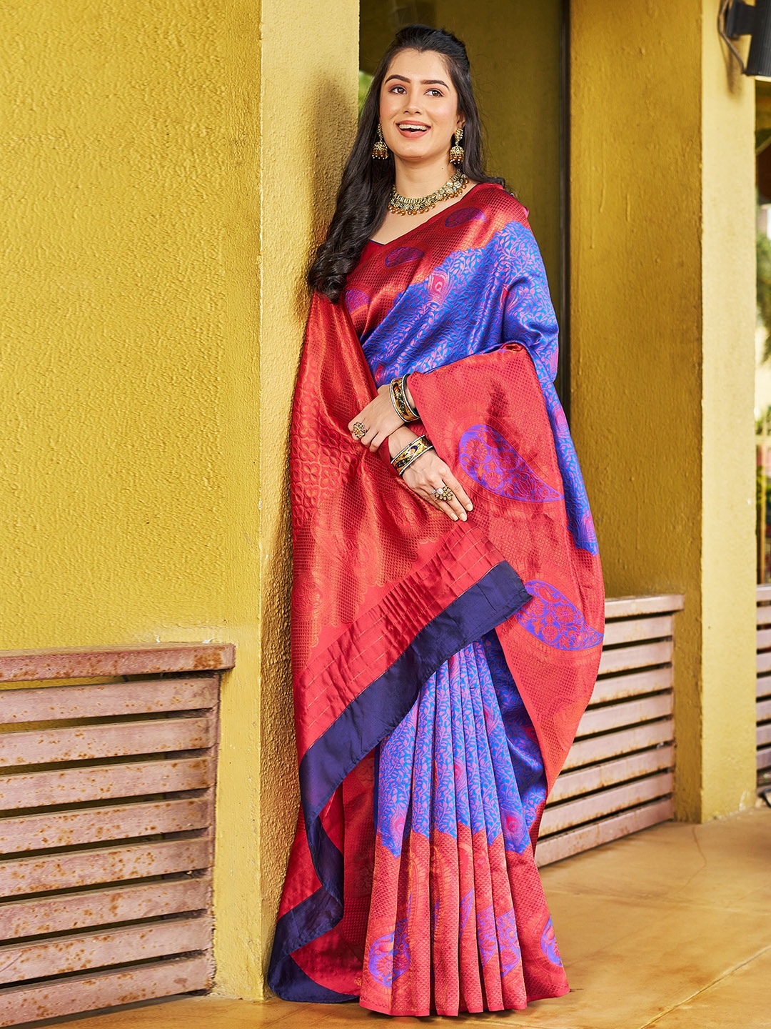 

Mitera Blue & Red Woven Design Zari Art Silk Saree