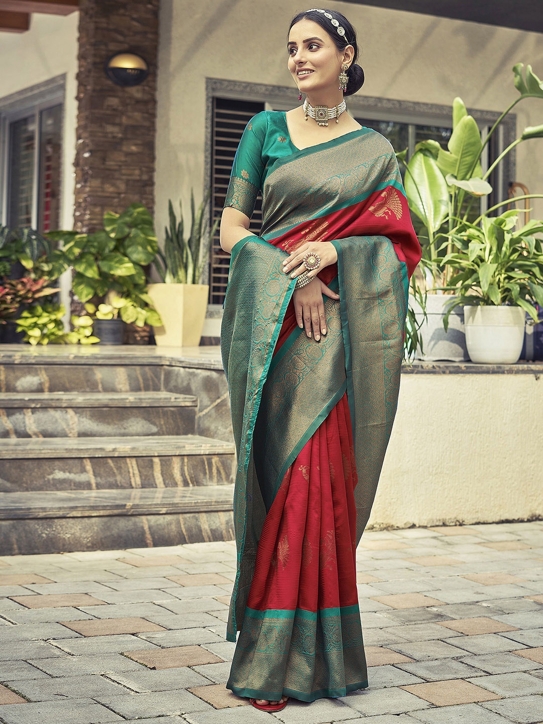 

Mitera Red & Green Ethnic Motifs Woven Design Zari Art Silk Saree