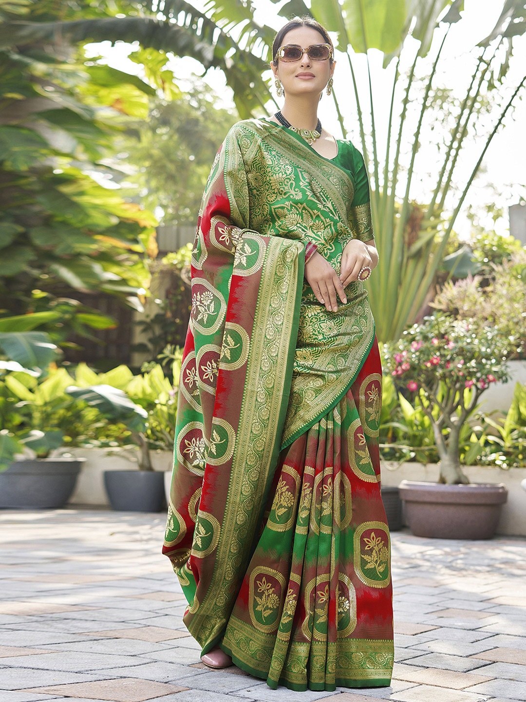 

Mitera Green & Red Ethnic Motifs Woven Design Zari Art Silk Saree