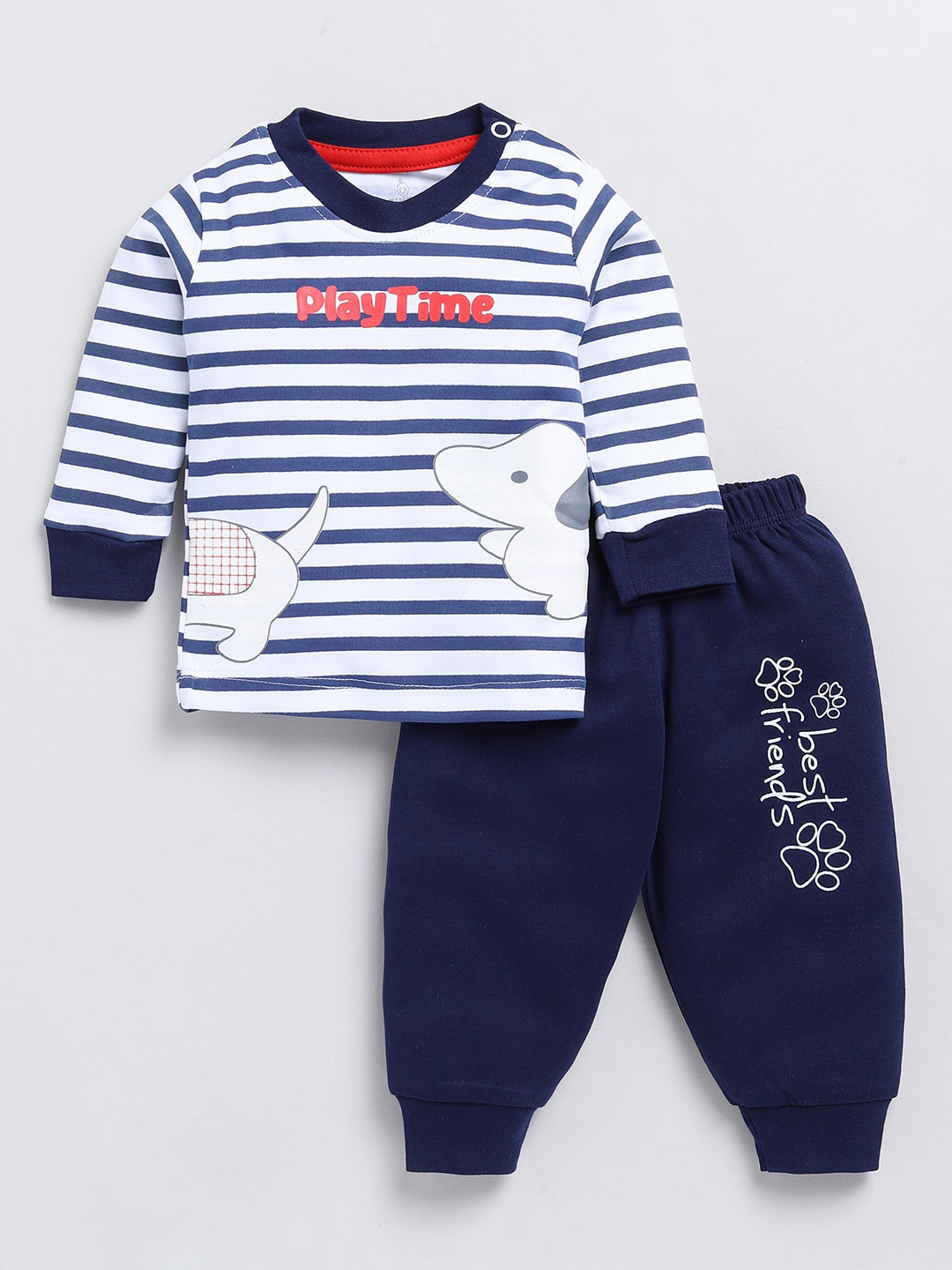

Moms Love Infants Boys Striped Pure Cotton T-shirt With Pyjamas, Blue