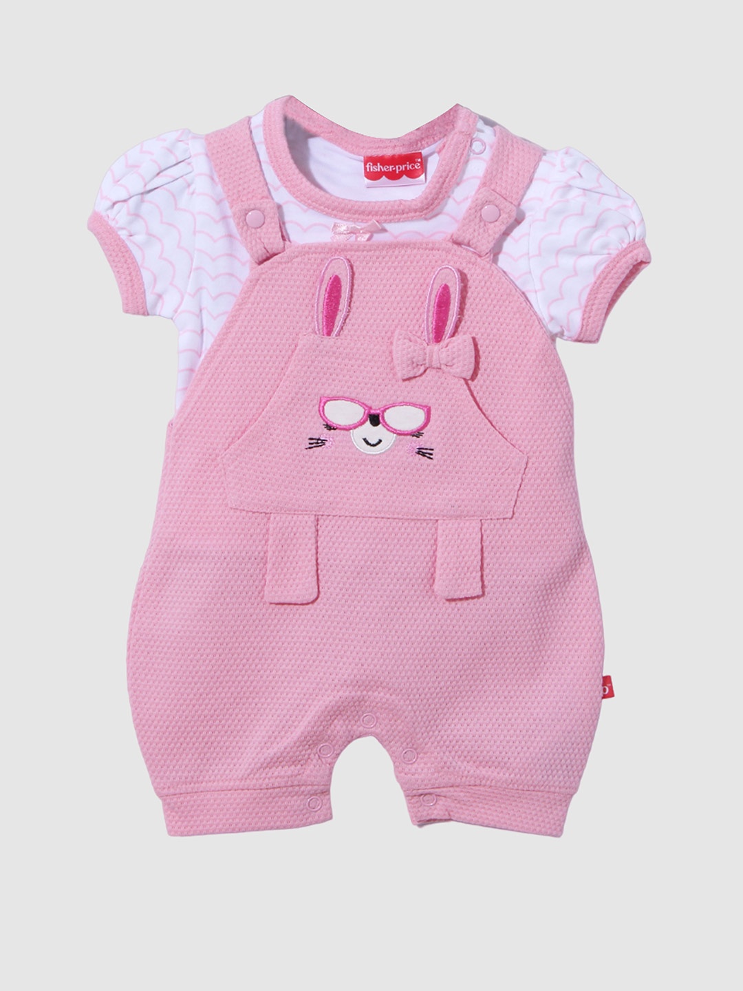 

Moms Love Infant Girls Self-Design Cotton Dungarees with T-Shirt, Pink