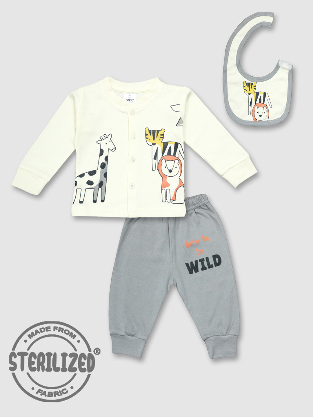 

Moms Love Infant Boys Graphic Printed Pure Cotton T-shirt with Pyjamas With Bib, Beige