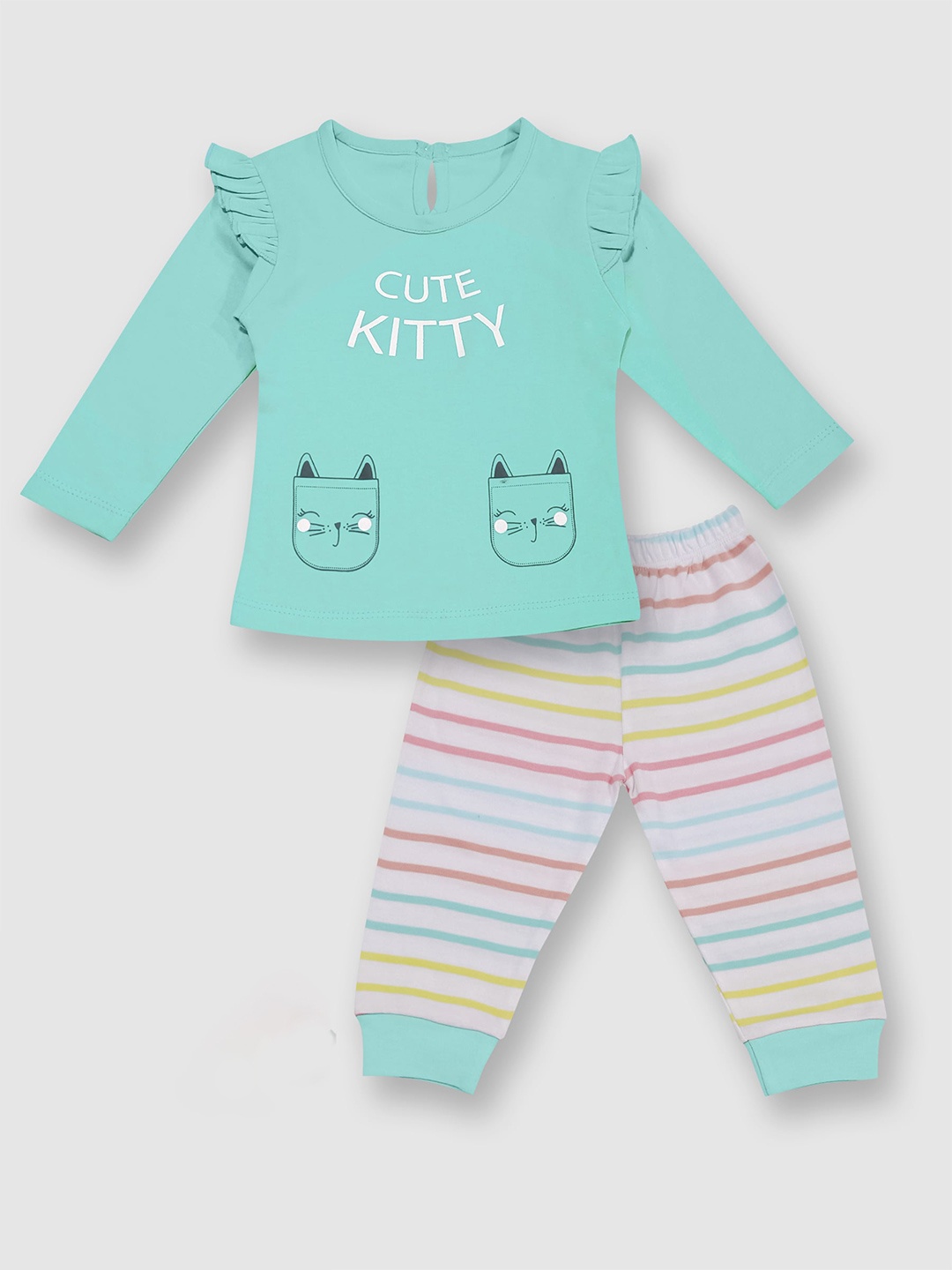 

Moms Love Infants Girls Graphic Printed Pure Cotton Top with Pyjamas, Green
