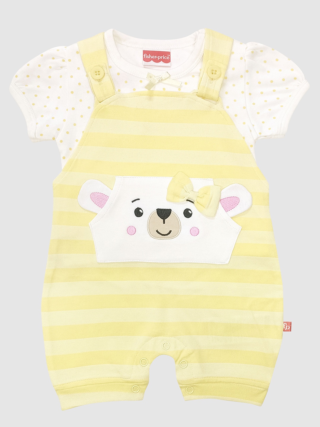 

Moms Love Infant Girls Striped Cotton Dungarees & T-Shirt, Yellow