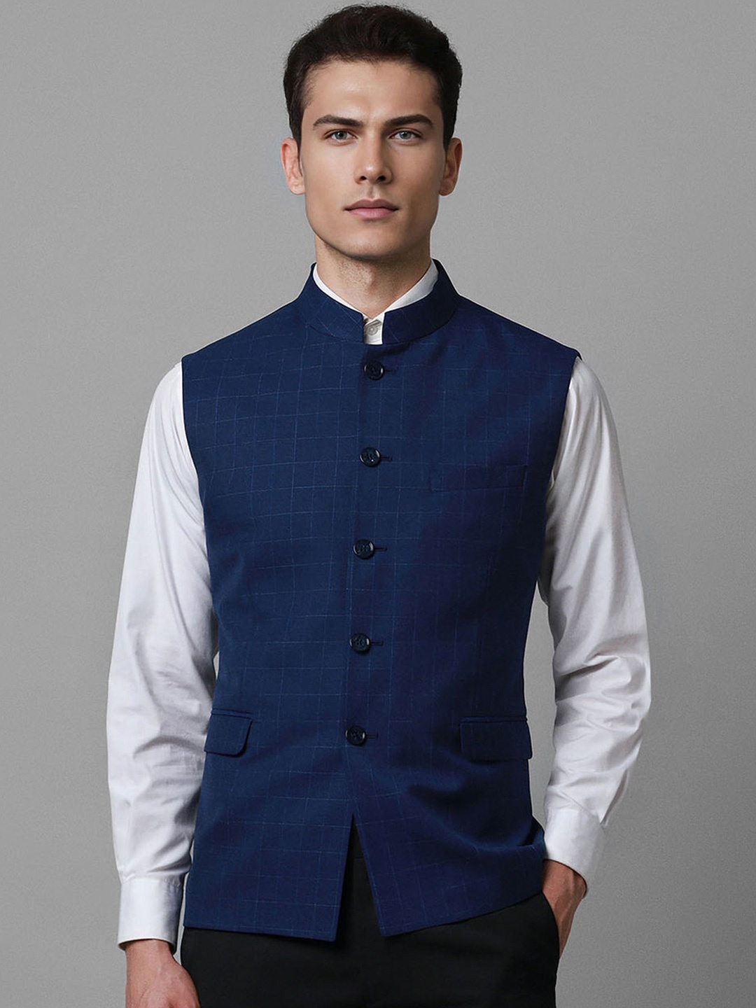 

Louis Philippe Checked Nehru Jacket, Navy blue