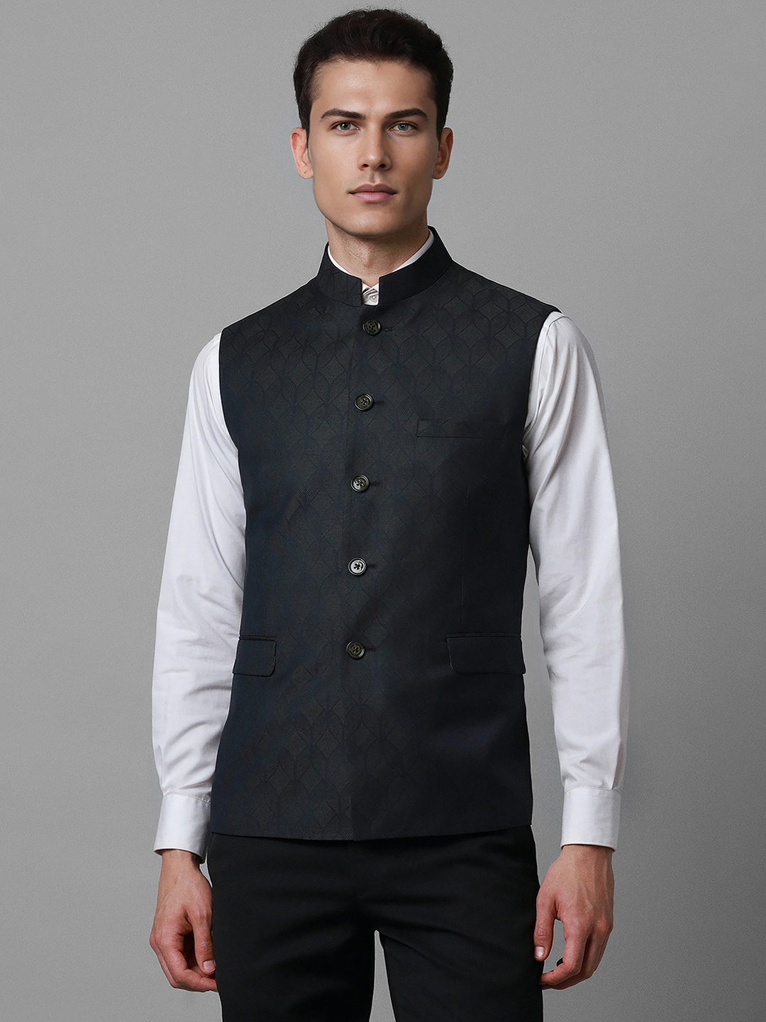 

Louis Philippe Woven Design Slim-Fit Nehru Jacket, Black