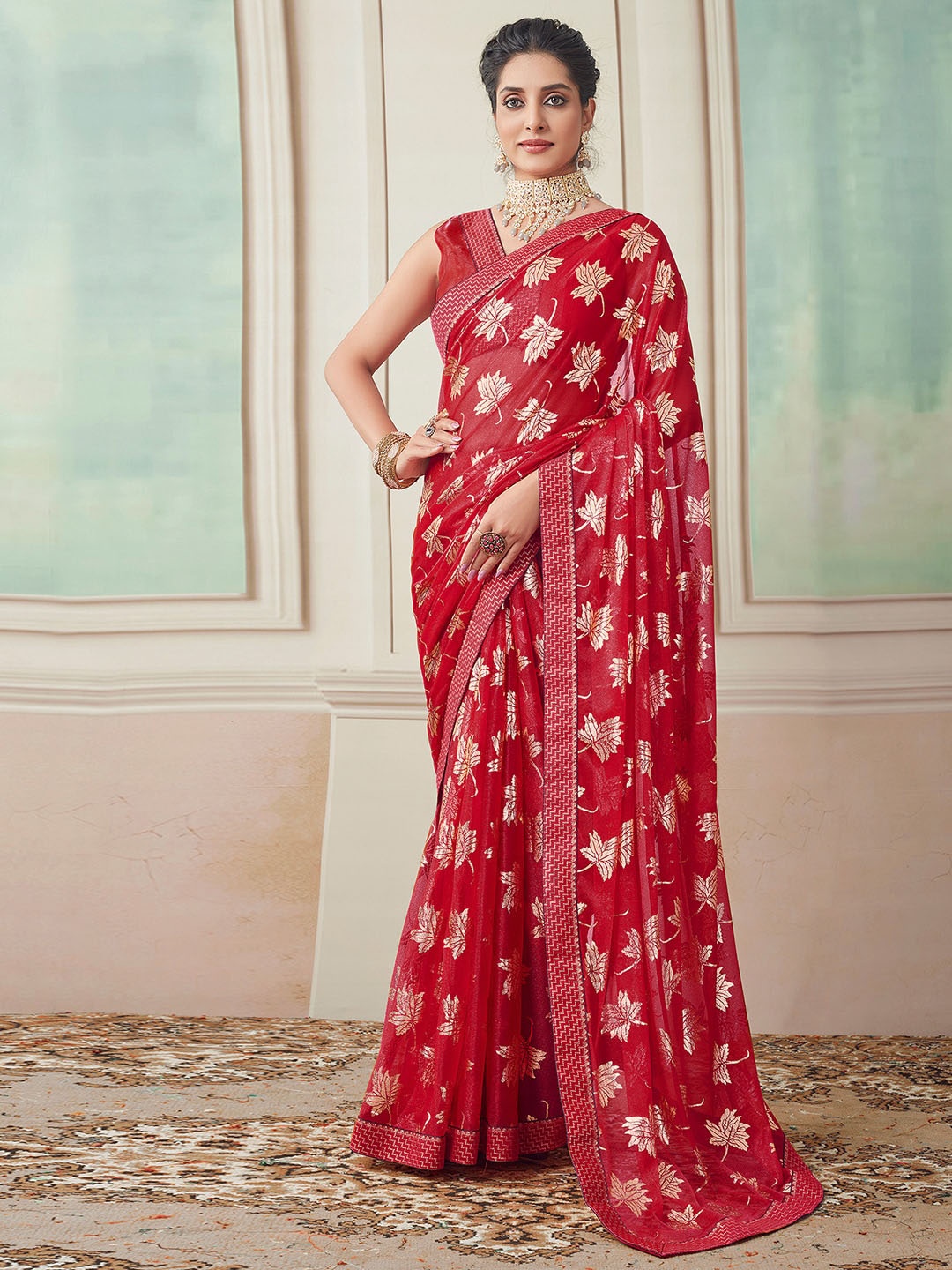 

KALINI Floral Foil Printed Zari Saree, Red