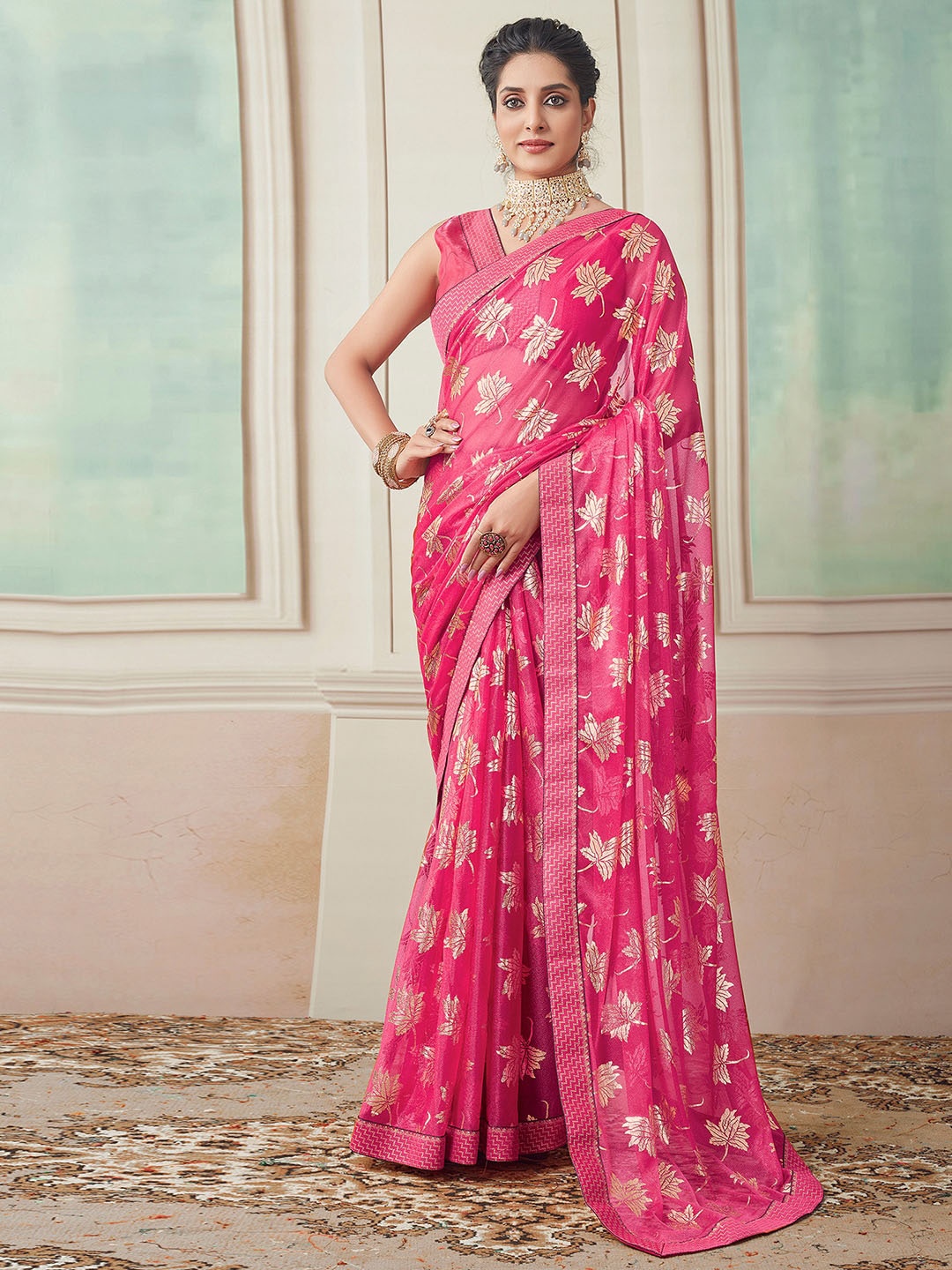 

KALINI Floral Foil Printed Saree, Pink